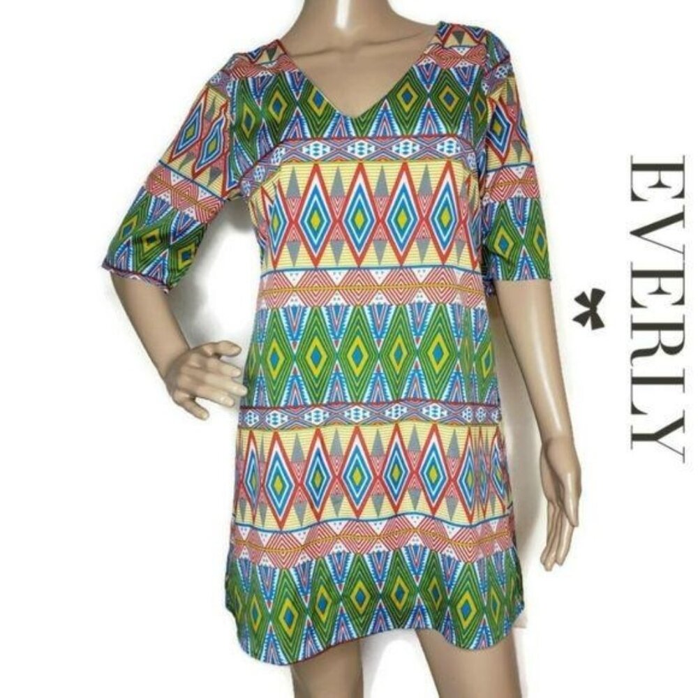 Everly Geometric Print V-Neck Dress Multicolor boho festival hippie size small